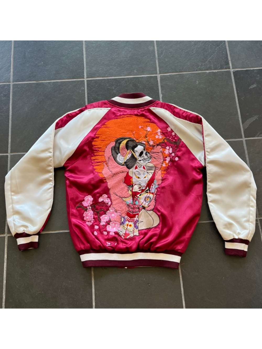 Vtg Sukajan Jacket Varsity Souvenir Embroidered Geisha Design - S/M